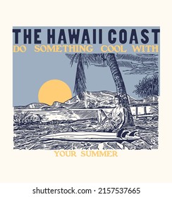 The hawaii coast.Sketch design of surfer resting under tree.