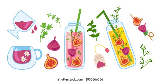 Hawaii cocktails, summer bottle, jar and glass juice cartoon set. Tropical fig fruit fresh smoothie menu. Glass drinks hand drawn flat design menu. Trendy vector illustration