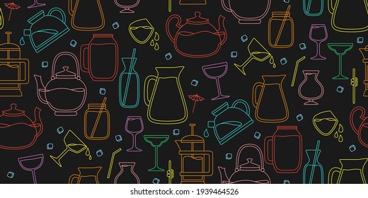 Hawaii cocktails, summer jug, glass black line seamless pattern. Paper print jar fresh smoothie wallpaper. Tropical drinks hand drawn flat design menu dark background. Trendy vector illustration