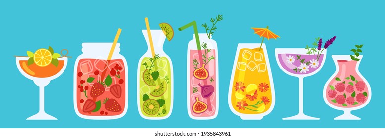 Hawaii Cocktails, Sommersaft, Marmelade und Glassaftkartoon. Tropische Erdbeerlemonade, Tee und Orange frische Smoothie-Speisekarte. Glasgetränke handgezeichnet flaches Design-Menü. Trendige Vektorgrafik