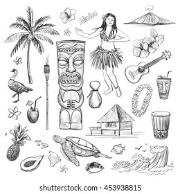 Hawaii collection of vector sketches . Isolated pictures on a white background .