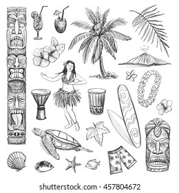 Hawaii collection of vector sketches . Isolated pictures on a white background .