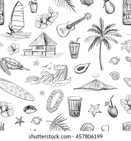 Hawaii collection of vector sketches . Seamless pattern  on a white background