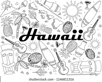 Hawaii coloring book line art design vector illustration. Separate objects. Hand drawn doodle design elements.