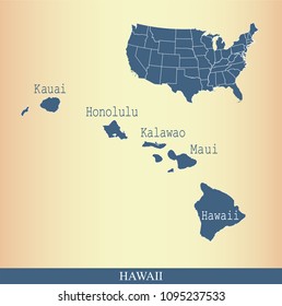 Hawaii county map with names labeled. Hawaii state of USA map vector outline 