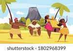 Hawaii dance composition with two girls and one man dancing on the beach vector illustration