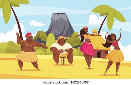 Hawaii dance composition with two girls and one man dancing on the beach vector illustration