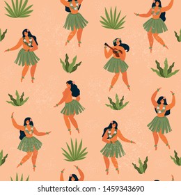 Hawaii dance seamless pattern. Girls playing ukulele and dancing Hula. Summer travel Hawaiian print with cute cartoon characters.