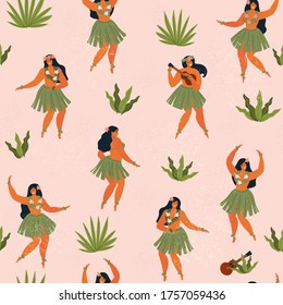 Hawaii dance seamless pattern. Girls playing ukulele and dancing Hula. Summer travel Hawaiian print with cute cartoon characters.