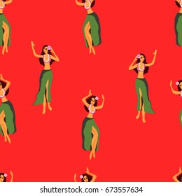 Hawaii dance seamless pattern. Girls playing ukulele and dancing Hula.