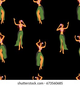 Hawaii dance seamless pattern. Girls playing ukulele and dancing Hula.