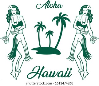 Hawaii dancers hula girls island flat vector lineart drawing