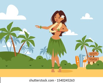 Hawaii dancing woman, vector illustration. Traditional dance of Hawaiian culture, summer landscape. Tropical island, ocean beach, palm trees. Beautiful girl in skirt of leaves, cartoon style character