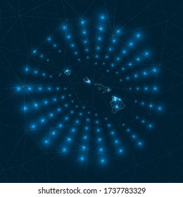 Hawaii digital map. Glowing rays radiating from the island. Network connections and telecommunication design. Vector illustration.