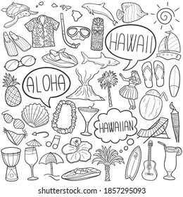 Hawaii doodle icon set. Travel Vacations Vector illustration collection. Summer Banner Hand drawn Line art style.