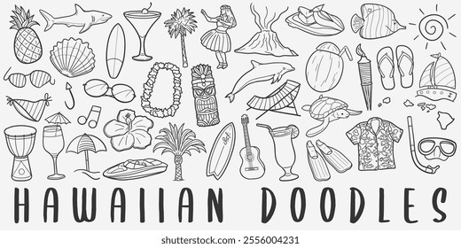 Hawaii Doodle Icons Black and White Line Art. Hawaiian Clipart Hand Drawn Symbol Design.