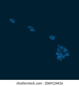 Mapa de brillantes puntos de Hawaii. Forma del estado de ee.uu. con bombillas brillantes azules. Ilustración vectorial.