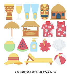 Hawaii Element Icon Illustration featuring tropical items like tiki mask, huts, beachwear, cocktails, seashells, and summer essentials. Perfect for travel, vacation, and island-themed projects.