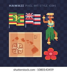 Hawaii elements icons set part4, Hawaiian national flag and girl dancing hula, pirate vintage old map, red flower isolated pixel art 80s style vector illustration. Design sticker and logo. Game assets