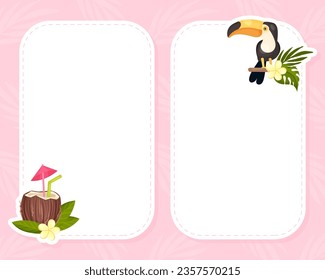 Hawaii Empty Card Design with Toucan and Coconut Cocktail Vector Template