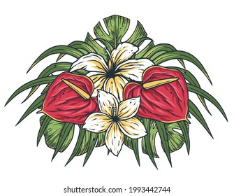 Hawaii exotic flower plant. Summer hawaii bloom. Tropical nature leafs for t-shirt print. Palm or floral tropic design