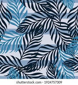 Hawaii exotic seamless flora pattern with random fern leaf silhouettes ornament. Blue striped background. Stock illustration. Vector design for textile, fabric, giftwrap, wallpapers.