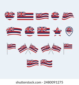 Hawaii Flag Icon Set Vektorgrafik isoliert auf einem grauen Hintergrund. In: Hawaii State Flag Grafikdesign Element. Hawaii Flaggen-Icons im flachen Stil. Hawaii-Symbole Kollektion