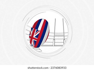 Hawaii flag on rugby ball, lined circle rugby icon with ball in a crowded stadium. Vector sport emblem on abstract background.