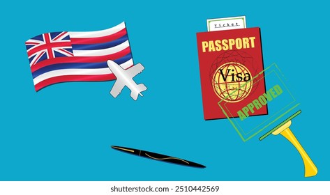 Hawaii flag with white plane icon. Passport with visa approved stamp. Black stylish Pen. Hawaiian Travel poster. Editable vector EPS available