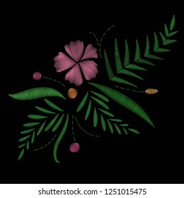 Hawaii flower embroidery arrangement patch. Fashion print decoration plumeria Frangipani hibiscus palm leaves. Tropical exotic blooming bouquet vector illustration
