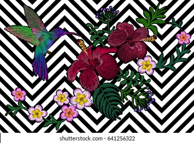 Hawaii flower embroidery black white seamless stripe background. Fashion print decoration plumeria Frangipani hibiscus palm leaves. Tropical exotic blooming bird hummingbird vector illustration art