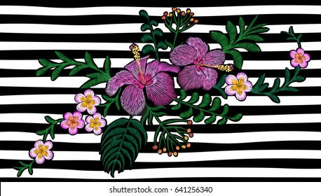 Hawaii flower embroidery on black white seamless stripe background. Fashion print decoration plumeria Frangipani hibiscus palm leaves. Tropical exotic blooming bouquet vector illustration art