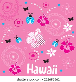 hawaii flowers pattern with ladybug and butterfly vector illustration