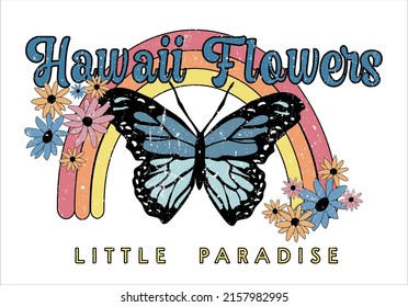 hawaii flowers slogan t-shirt groovy design vector. retro groovy slogan print with hippie typography, flowers and checkered background for tee t shirt or poster, vector illustration