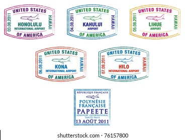 Hawaii And French Polynesia Passport Stamps In Vector Format.