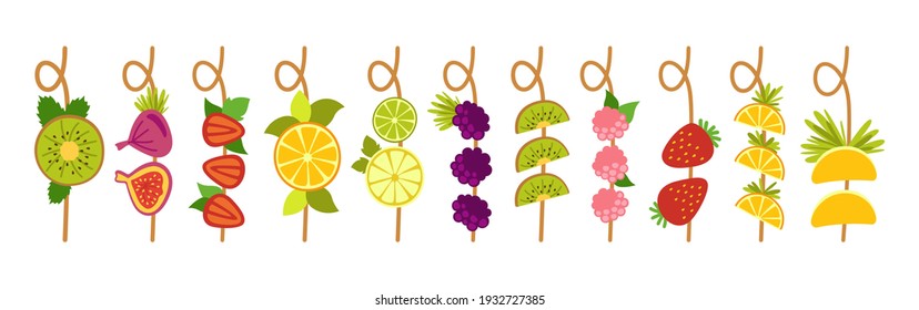 Juego de dibujos animados Hawaii para la mezcla de uvas de frutas. Kiwi de comida tropical, limón limón, frambuesa anaranjada, fresa. Menú de diseño plano elaborado a mano con brochetas de fruta vegetal. Ilustración vectorial de vitamina moderna