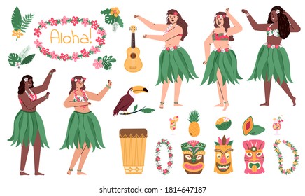 Hawaii girls dancing and having fun. People wearing traditional hawaii dresses with leaves and flowers, flat cartoon vector illustration isolated white background