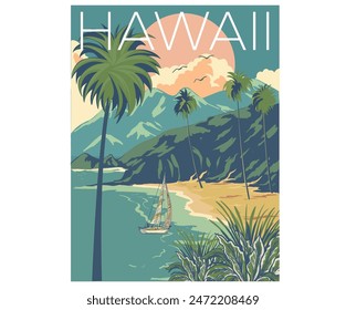 Hawaii graphic print design, sunshine vector print design artwork, Mountain artwork, Beach Paradise Print T-shirt Graphics Design, typography slogan on palm trees background. Good vibes.