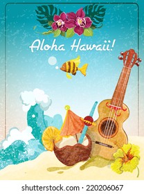 Hawaii guitar tropical beach vacation advertisement poster with coconut refreshment colada drink sketch color abstract vector illustration