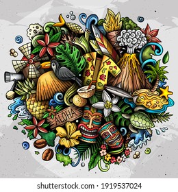 Hawaii hand drawn cartoon doodle illustration. Funny Hawaiian design. Creative art vector background. Exotic island elements and objects. Colorful composition