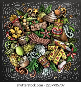 Hawaii hand drawn cartoon doodle illustration. Funny Hawaiian design. Creative art vector background. Exotic island elements and objects. Chalkboard composition