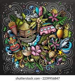 Hawaii hand drawn cartoon doodle illustration. Funny Hawaiian design. Creative art vector background. Exotic island elements and objects. Chalkboard composition