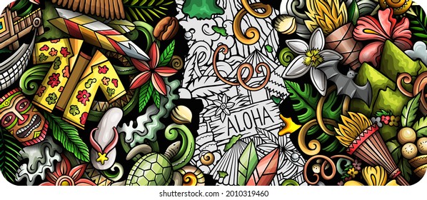 Cartoon Doodles Hawaii Seamless Pattern Backdrop Stock Vector (Royalty