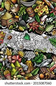 Hawaii hand drawn doodle banner. Cartoon vector detailed flyer. Illustration with Hawaiian objects and symbols. Colorful background