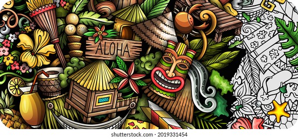 Hawaii handgezeichneter Doodle-Banner. Cartoon Vektordetaillierter Flyer. Illustration mit hawaiianischen Objekten und Symbolen. Farbiger horizontaler Hintergrund