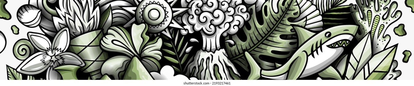 Hawaii hand drawn doodle banner. Cartoon vector detailed flyer. Illustration with Hawaiian objects and symbols. Graphics horizontal background