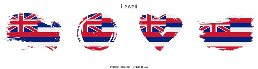 Hawaii hand drawn grunge style flag icon set. US state banner in official colors. Free brush stroke shape, circle and heart-shaped. Flat vector illustration isolated on white.