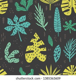 Hawaii hand drawn seamless pattern. Tropical plant drawing. Scandinavian style backdrop. Stylized banana, palm, monstera, aralia leaves on black background. Botanical wrapping paper, textile design