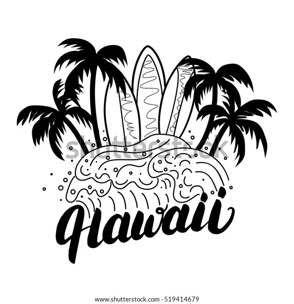ハワイの手書きのサーフポスター T字 手のひら 波 サーフボード 白い背景に ベクターイラスト のベクター画像素材 ロイヤリティフリー