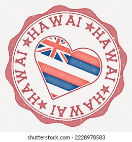 Hawaii-Logo für die Herzflagge. US-Staatsname Text um Hawaii Fahne in einer Form von Herz. Lebhafte Vektorgrafik.